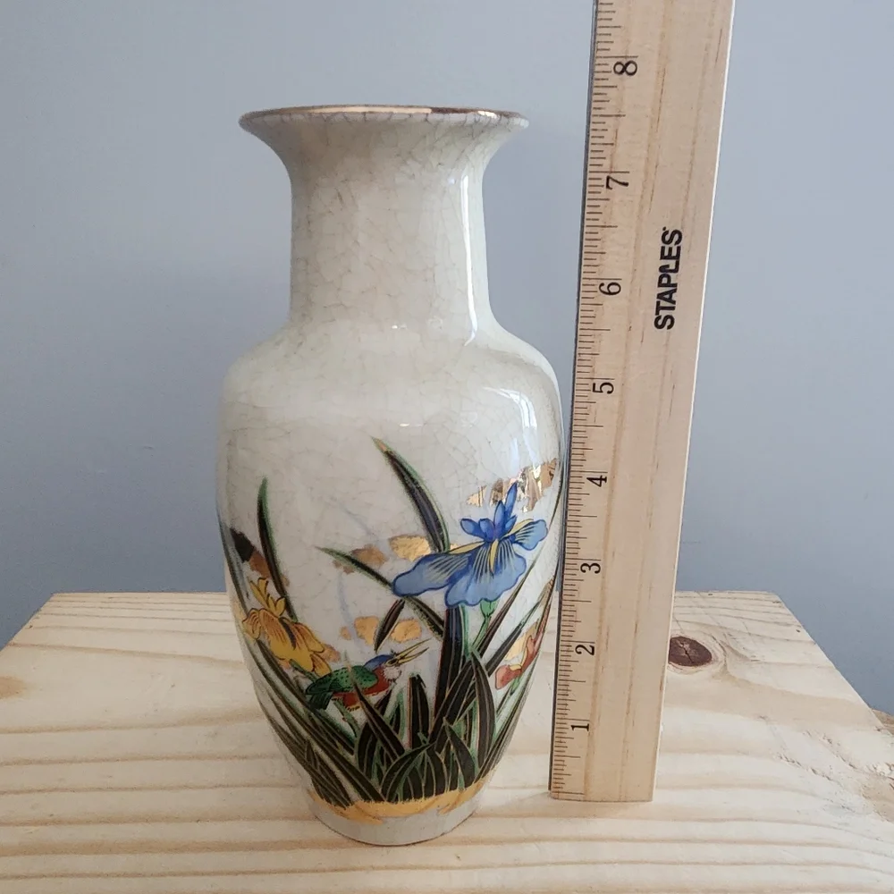 Vintage Japanese Fine Porcelain Vase With Gold Rim, Hummingbird, and Flowers